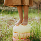 Child ist standing on stapelstein original warm pastel on the gras